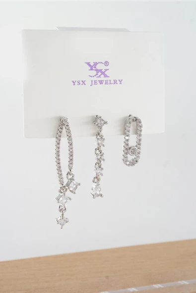 Kadın Vip Seri  Antialerjik Baget Zirkon Taşlı  3'lü Küpe ürün görseli