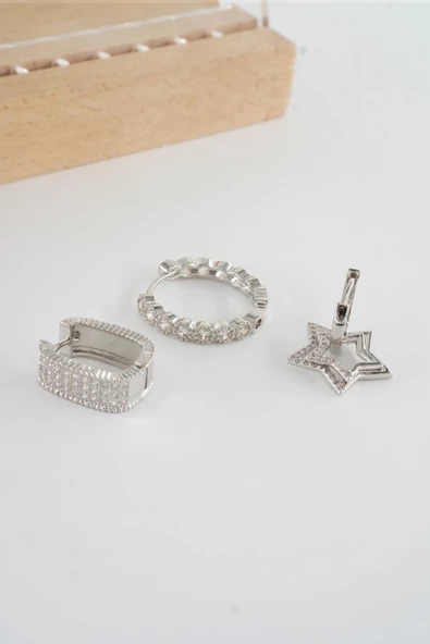 Kadın Vip Seri  Antialerjik Baget Zirkon Taşlı  3'lü Küpe - Resim 2