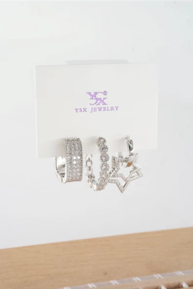 Kadın Vip Seri  Antialerjik Baget Zirkon Taşlı  3'lü Küpe - Resim 3