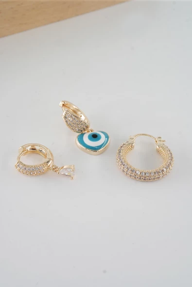 Kadın Vip Seri  Antialerjik Baget Zirkon Taşlı  3'lü Küpe - Resim 2