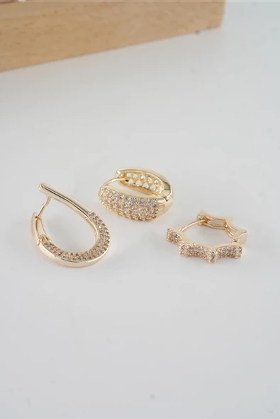 Kadın Vip Seri  Antialerjik Baget Zirkon Taşlı  3'lü Küpe - Resim 2