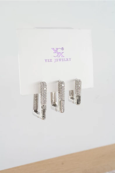 Kadın Vip Seri  Antialerjik Baget Zirkon Taşlı  3'lü Küpe - Resim 3