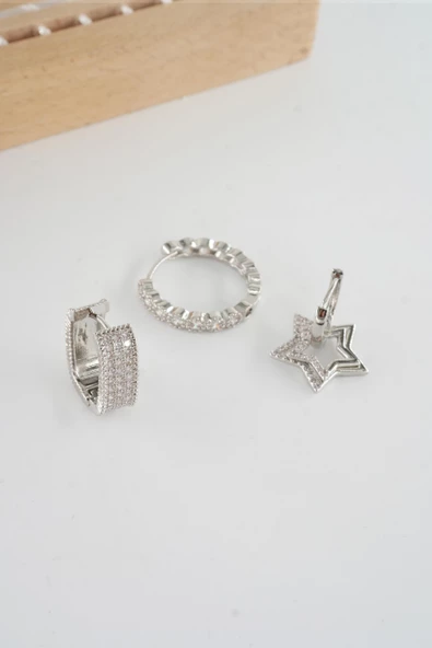 Kadın Vip Seri  Antialerjik Baget Zirkon Taşlı  3'lü Küpe - Resim 4