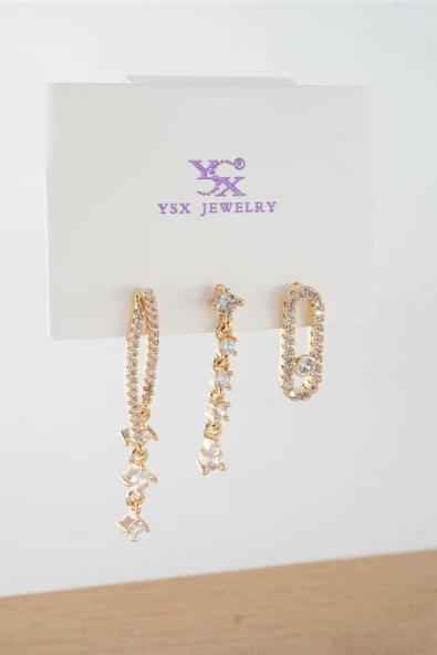 Kadın Vip Seri  Antialerjik Baget Zirkon Taşlı  3'lü Küpe ürün görseli