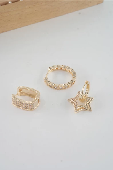 Kadın Vip Seri  Antialerjik Baget Zirkon Taşlı  3'lü Küpe - Resim 2