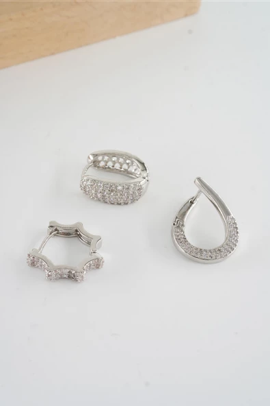 Kadın Vip Seri  Antialerjik Baget Zirkon Taşlı  3'lü Küpe - Resim 3