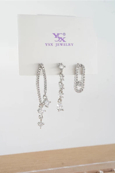 Kadın Vip Seri  Antialerjik Baget Zirkon Taşlı  3'lü Küpe - Resim 2