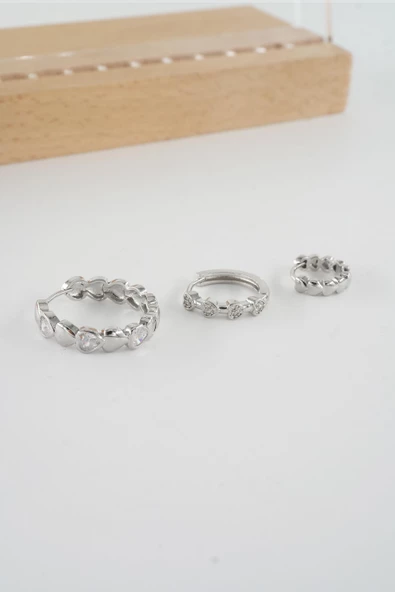 Kadın Vip Seri  Antialerjik Baget Zirkon Taşlı  3'lü Küpe - Resim 3