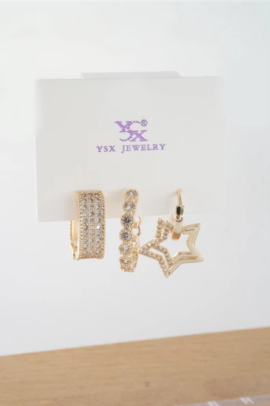 Kadın Vip Seri  Antialerjik Baget Zirkon Taşlı  3'lü Küpe ürün görseli