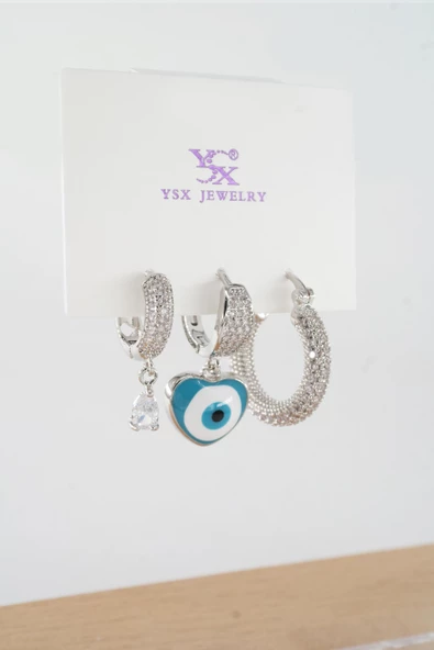 Kadın Vip Seri  Antialerjik Baget Zirkon Taşlı  3'lü Küpe - Resim 3