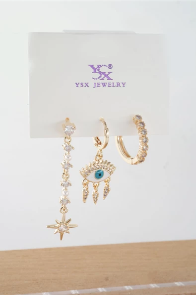 Kadın Vip Seri  Antialerjik Baget Zirkon Taşlı  3'lü Küpe - Resim 2