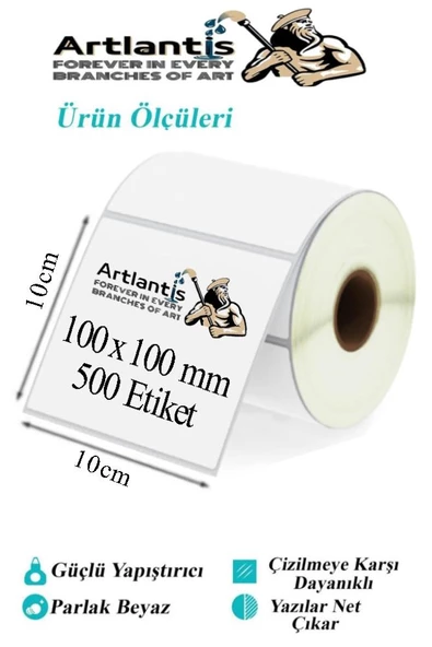 100x100 mm Barkod Etiketi Yapışkanlı 3 Adet Rulo Etiket Termal Barkot Terazi Etiketi 500 lü Barkod Yazıcılara 10x10cm - 2