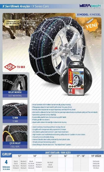 245/40x17 Ebatlarına Uyumlu Takmatik X tipi Kar Patinaj Zinciri Mefatech - Resim 2