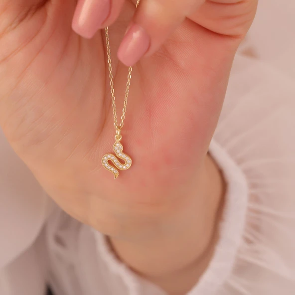 925 Ayar Gümüş Taşlı Minimal Yılan Kolye - Resim 2