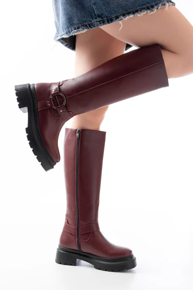 Bordo Fermuarlı Günlük Kadın Çizme - 4