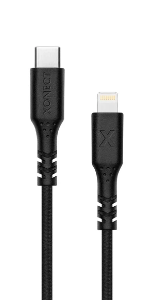 XONECT Type-C to Lightning uyumlu iPhone Modelleri için Hızlı Şarj ve Data Kablosu 200cm Örgülü Siyah ürün görseli