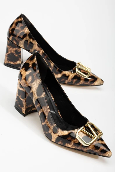 Lisse Leopar Rugan Toka Detaylı Kalın Topuklu Ayakkabı - Resim 2