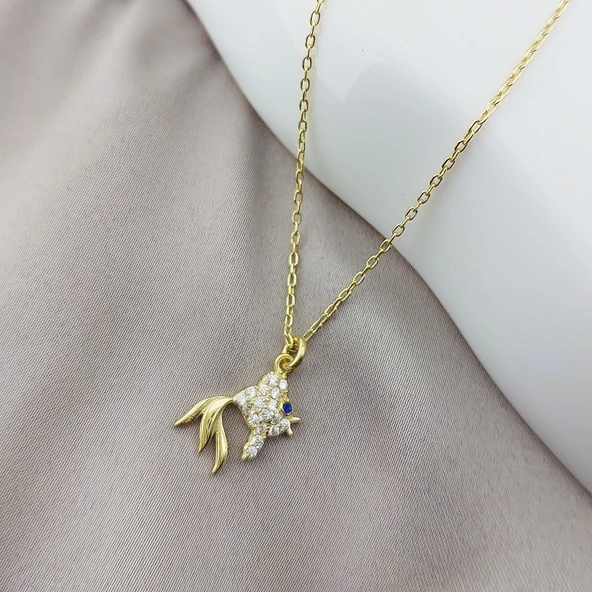 925 Ayar Gümüş Taşlı Balık Kolye - Resim 4