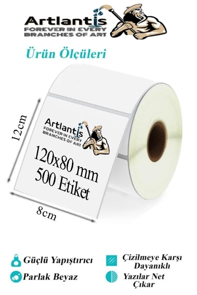 120x80 mm Barkod Etiketi Yapışkanlı 3 Adet Rulo Etiket Termal Barkot Terazi Etiketi 500 lü Barkod Yazıcılara Uyumludur - 2