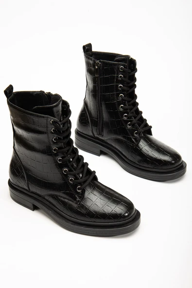 2024-2289 Siyah Kroko Bağcıklı Fermuarlı Günlük Kadın Bot - 2