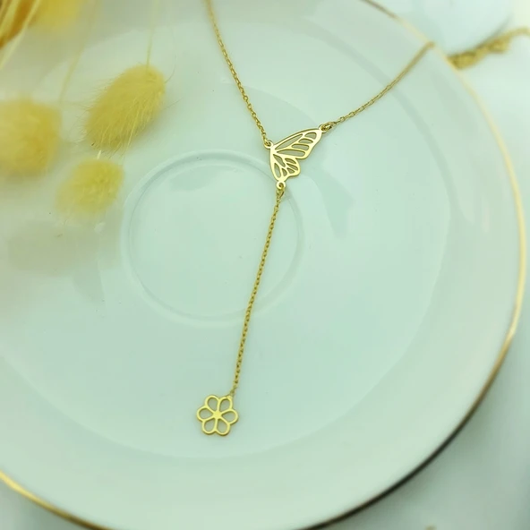 925 Ayar Gümüş Kelebek ve Çiçek Kolye - Resim 3