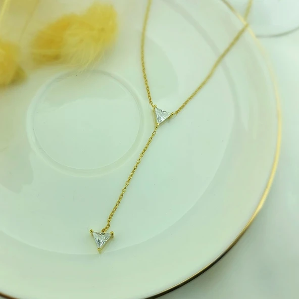 925 Ayar Gümüş Üçgen Taşlı Sallantılı Kolye - Resim 3