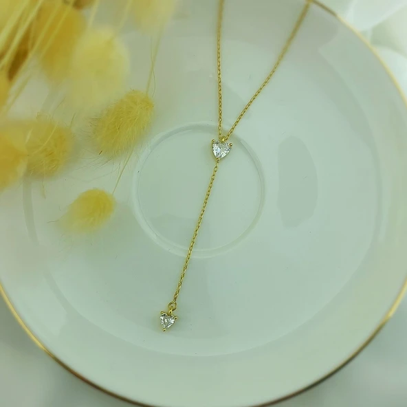 925 Ayar Gümüş İki Kalpli Taşlı Sallantılı Kolye - Resim 3