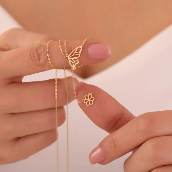 925 Ayar Gümüş Kelebek ve Çiçek Kolye - Resim 2