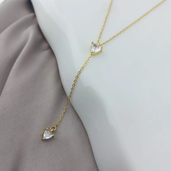 925 Ayar Gümüş İki Kalpli Taşlı Sallantılı Kolye - Resim 4