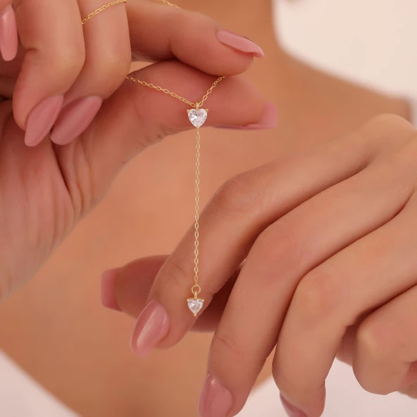 925 Ayar Gümüş İki Kalpli Taşlı Sallantılı Kolye ürün görseli