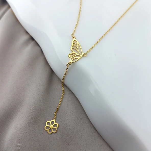 925 Ayar Gümüş Kelebek ve Çiçek Kolye - Resim 4