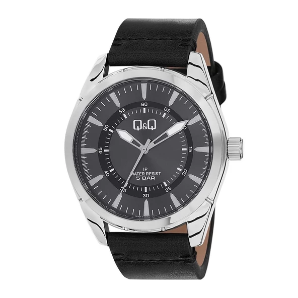 Q&Q Q894J800Y Gümüş Siyah Deri Kordonlu Erkek Kol Saati