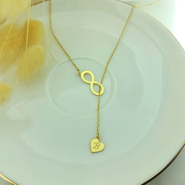 925 Ayar Gümüş Sonsuzluk ve Harfli Kalp Kolye - Resim 3