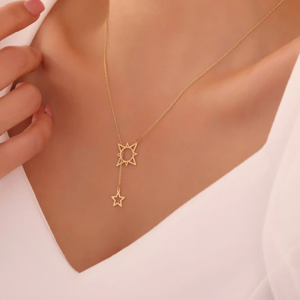 925 Ayar Gümüş Kutup Yıldızı ve Sallantılı Yıldız Kolye ürün görseli