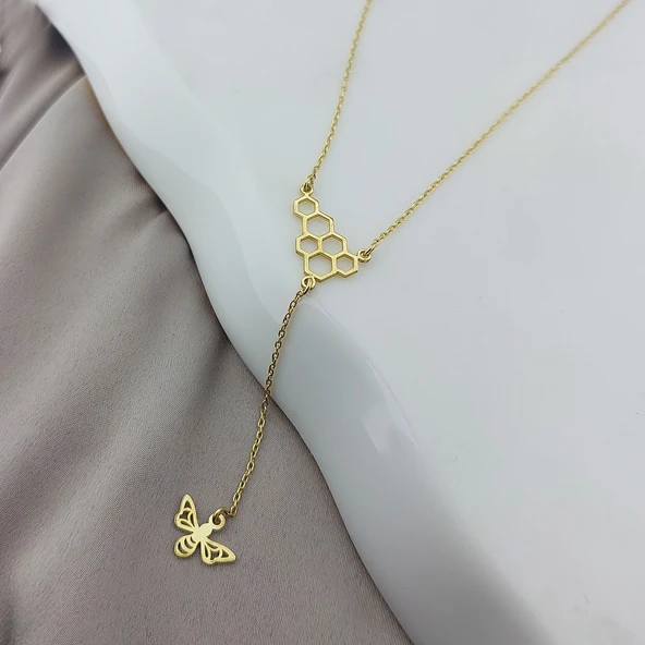 925 Ayar Gümüş Bal Peteği ve Sallantılı Arı Kolye - 4