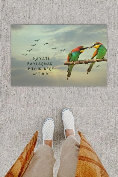 Dijital Baskı Dekoratif Tropikal Kuş Gri Kapı Önü Paspası K-1222 - 1