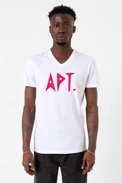 Blackpink Apt Beyaz Erkek V yaka Tshirt - 2