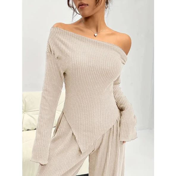 Lucky Life Kadın Uzun Kollu Omuzlardan Açık Asimetrik Kesim Kaşkorse Bluz Ve Pantolon Ikili Pantolon - 9