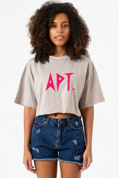 Blackpink Apt Taş Rengi Kadın Crop Kapşonlu
