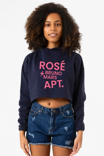 BLACKPINK ROSE BRUNO MARS APT Lacivert Kadın Crop Kapşonlu