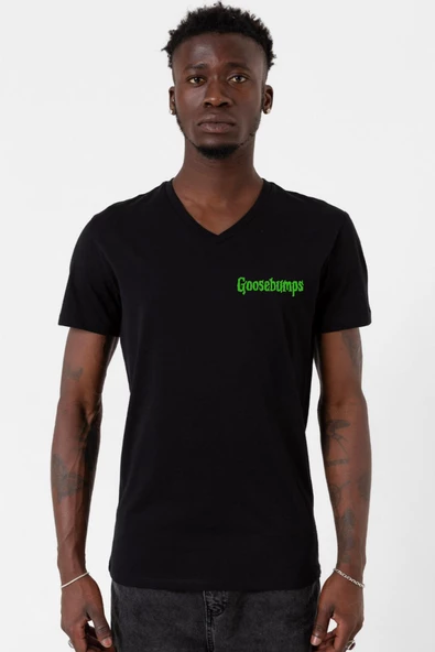 Goosebumps Lettern Siyah Erkek V yaka Tshirt
