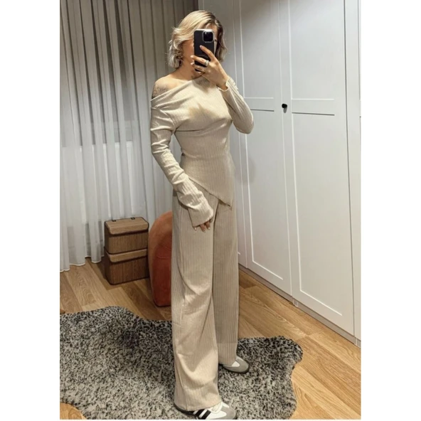 Lucky Life Kadın Uzun Kollu Omuzlardan Açık Asimetrik Kesim Kaşkorse Bluz Ve Pantolon Ikili Pantolon - 6