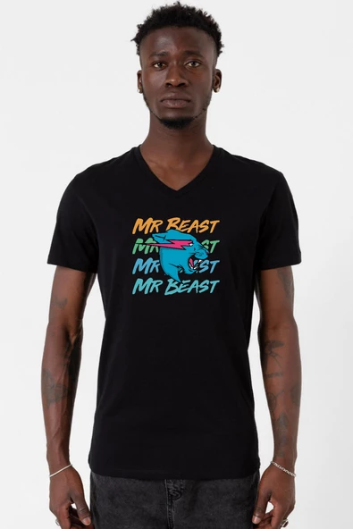 Mr Beast Lettern Siyah Erkek V yaka Tshirt