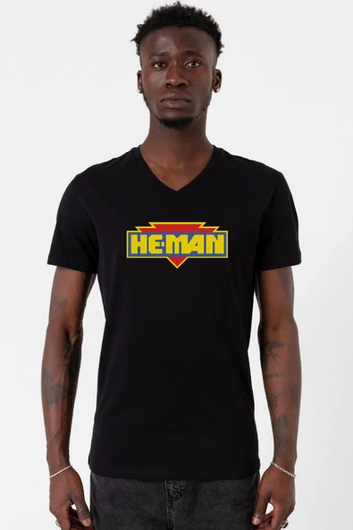 He Man Logo Siyah Erkek V yaka Tshirt