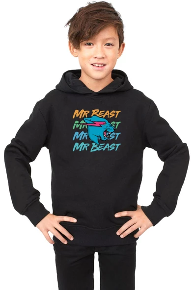 Mr Beast Lettern Siyah Çocuk 3ip Kapşonlu