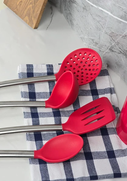 Silikon Servis Seti - Stantlı Kepçe Kevgir Takımı - 5 Parça - 2