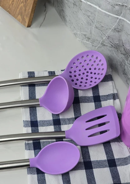 Silikon Servis Seti - Stantlı Kepçe Kevgir Takımı - 5 Parça - 4