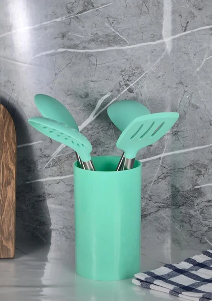 Silikon Servis Seti - Stantlı Kepçe Kevgir Takımı - 5 Parça - 8