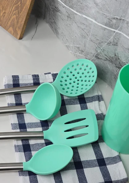 Silikon Servis Seti - Stantlı Kepçe Kevgir Takımı - 5 Parça - 9