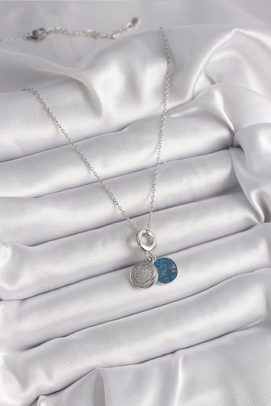 Gümüş Renk Zincir Zirkon Taşlı İşleme Mavi Simli Kadın Kolye - EBJ241221W30108 - Resim 2